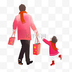 年货节红色背景图片_父子购物简约手绘元素年货节