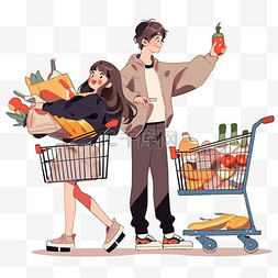 逛超市的情侣图片_年货节卡通手绘情侣购物元素