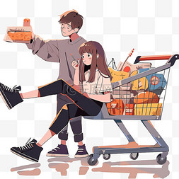 逛超市的情侣图片_年货节情侣卡通手绘购物元素