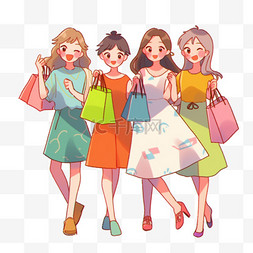 购物的女孩们图片_年货节购物女孩们手绘元素卡通