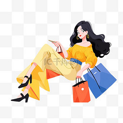 时尚购物女孩卡通图片_电商年货节手绘购物女孩卡通元素