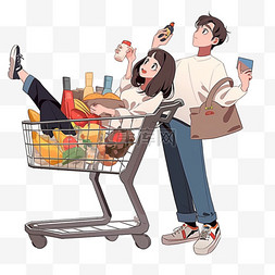 逛超市的情侣图片_年货节情侣购物元素卡通
