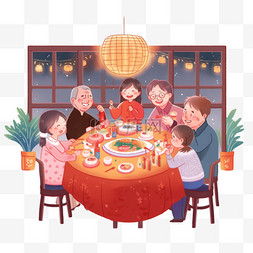 竹扇图片_家人团圆手绘插画元素新年