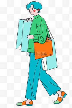 蓝色背景电商图片_电商购物节手绘元素男人购物