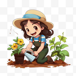 工作服的女孩正在园艺和浇灌植物