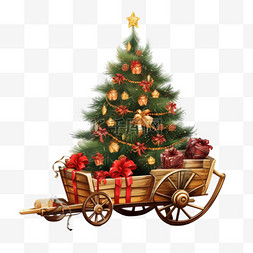 雪橇图片_带圣诞装饰的圣诞树和带一袋礼物