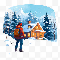 冬天的人图片_冬天的房子和一个拿着圣诞树的人