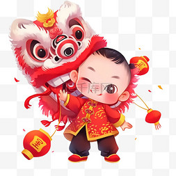 新年娃娃图片_卡通新年可爱的孩子舞狮手绘元素