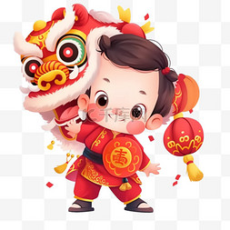 中国传统手绘背景图片_新年卡通可爱的孩子元素舞狮手绘