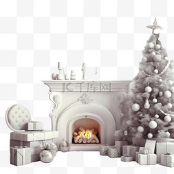 有壁炉和圣诞树背景的 3d 房间