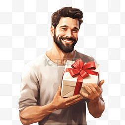 男人微笑着，手里拿着一份礼物