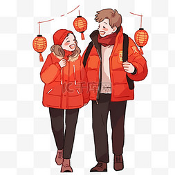 红色的灯图片_新年手绘免抠情侣赏灯元素