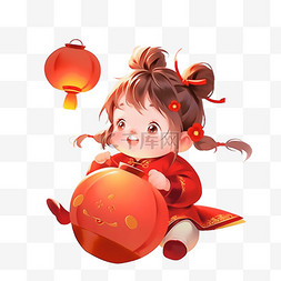 红色喜庆背景素材图片_新年可爱孩子灯笼手绘元素卡通