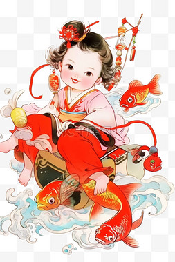 新年年画可爱孩子元素线性手绘