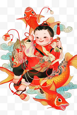 中国传统年画素材图片_新年年画元素可爱孩子线性手绘
