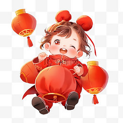 红色喜庆背景素材图片_新年卡通可爱孩子灯笼手绘元素
