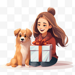 女孩对礼物盒里的狗很满意