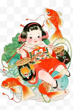中国传统年画素材图片_新年可爱孩子年画线性手绘元素
