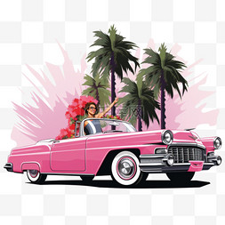 女孩骑着一辆粉红色的凯迪拉克和