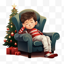 睡着图片_男孩在圣诞树附近的椅子上睡着了