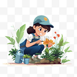 浇灌植物图片_工作服的女孩正在园艺和浇灌植物