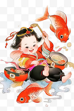 中国传统年画素材图片_年画可爱孩子线性手绘元素新年