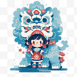 春节新年快乐蓝色舞狮卡通扁平插