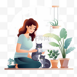 有猫的女孩照顾室内植物并给它们