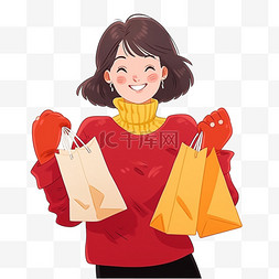 购物袋红色图片_新年卡通可爱女孩购物手绘元素
