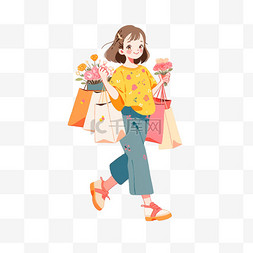 购物背景黄色图片_电商手绘元素购物女孩礼物卡通