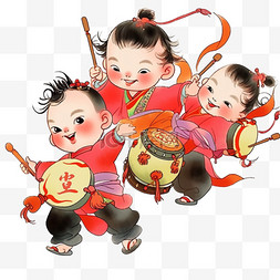 中国传统背景图片_可爱孩子打鼓迎新年卡通手绘元素