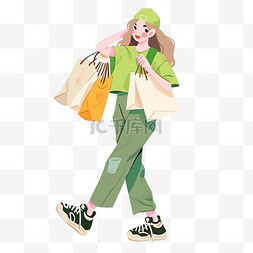 绿色衣服的女孩图片_年货节购物女孩礼物卡通元素手绘