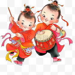 中国传统背景图片_迎新年可爱孩子卡通打鼓手绘元素