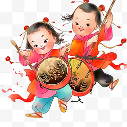 红色中国传统图片_迎新年可爱孩子手绘打鼓卡通元素