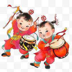 红色中国传统图片_可爱孩子迎新年打鼓卡通手绘元素