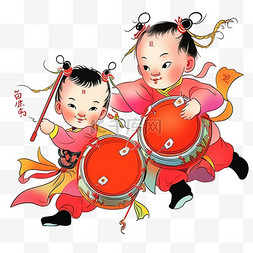 红色中国传统图片_卡通迎新年可爱孩子手绘打鼓元素