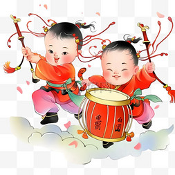 红色中国传统图片_迎新年卡通可爱孩子打鼓手绘元素