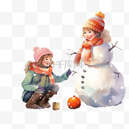 免抠孩子堆雪人图片_可爱孩子堆雪人元素立体免扣图案
