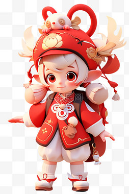 红色唐装图片_新年可爱的孩子装扮龙免抠元素3d