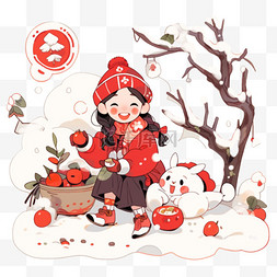 卡通红色的果实图片_冬天卡通可爱孩子玩耍雪地手绘元