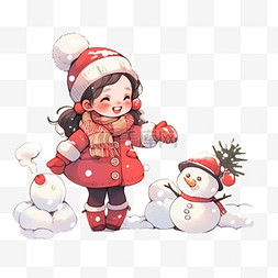 雪地玩耍女孩图片_冬天可爱孩子雪地玩耍卡通手绘元