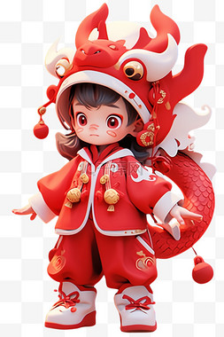 红色唐装图片_新年可爱的孩子装扮龙元素3d免抠