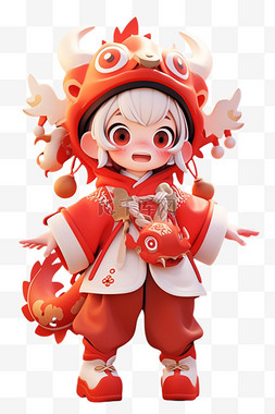 红色唐装图片_新年可爱的孩子装扮龙3d免抠元素
