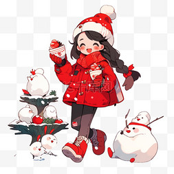 卡通红色的果实图片_冬天可爱孩子玩耍雪地手绘元素卡