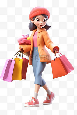 购物袋时尚图片_电商购物女孩3d免抠元素年货节