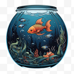鱼缸图片_绘画漂亮鱼缸元素立体免扣图案