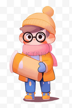 戴着粉色眼镜图片_冬天元素可爱孩子拿着铁筒卡通手