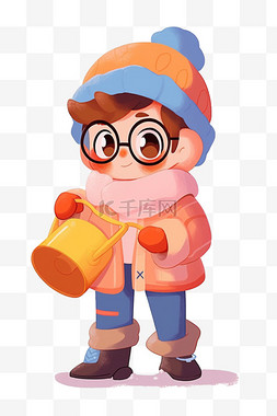 戴着粉色眼镜图片_卡通手绘冬天可爱孩子拿着铁筒元
