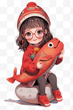 红鲤鱼线稿图片_锦鲤新年可爱女孩卡通手绘元素