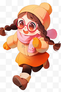眼镜棕色图片_可爱孩子奔跑卡通冬天手绘元素